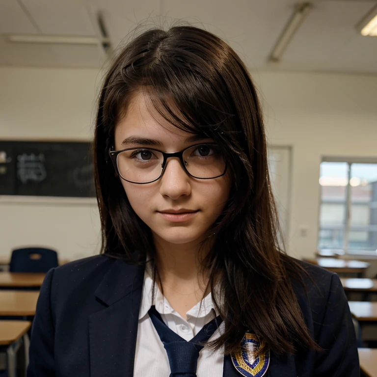 16 year old girl in school uniform Wear glasses with a steady face.