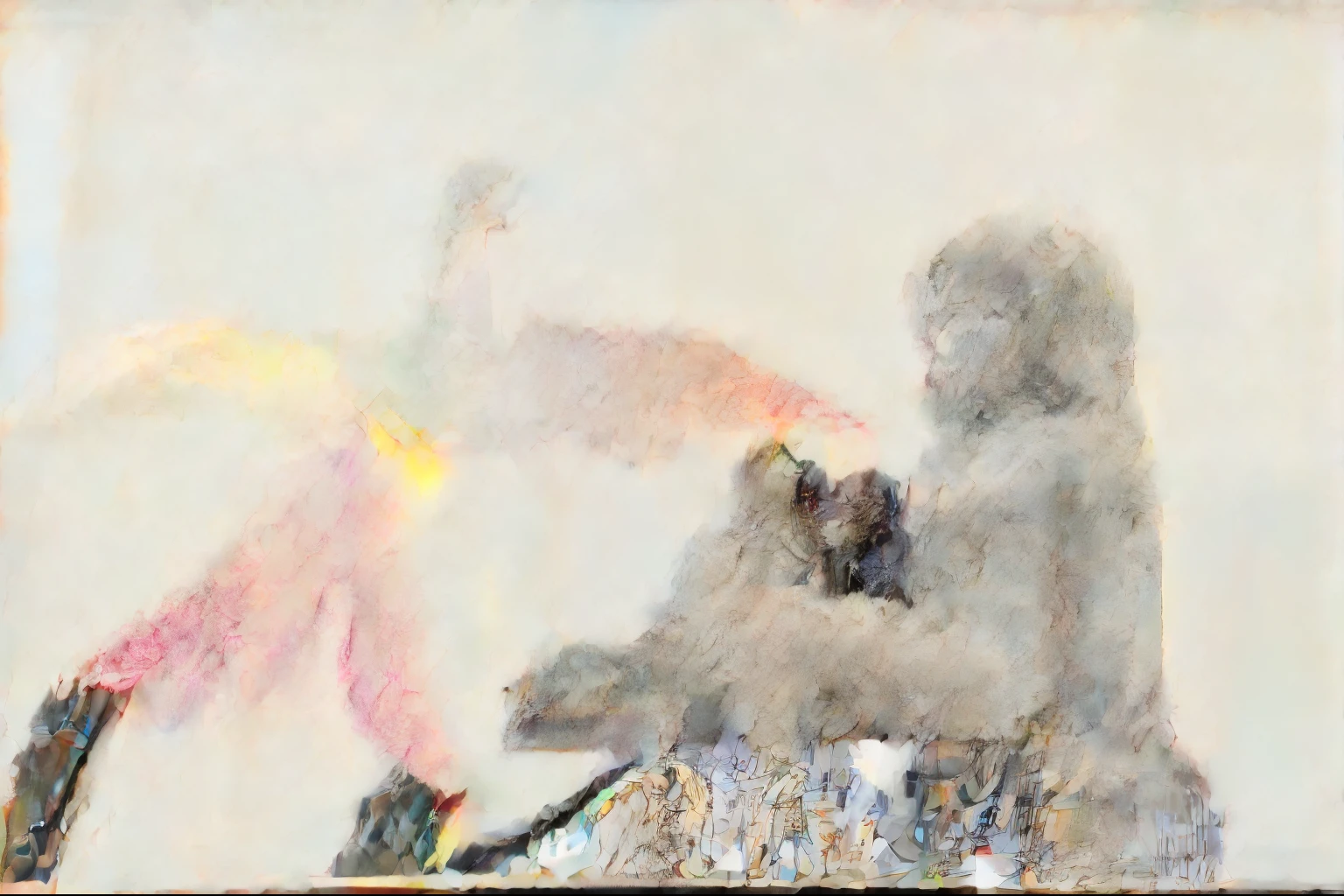 Next to an ancient human sculpture,A girl sits by the well next to the statue,birdcage in hand,waiting for her parrot and her sister。A man stares at two girls