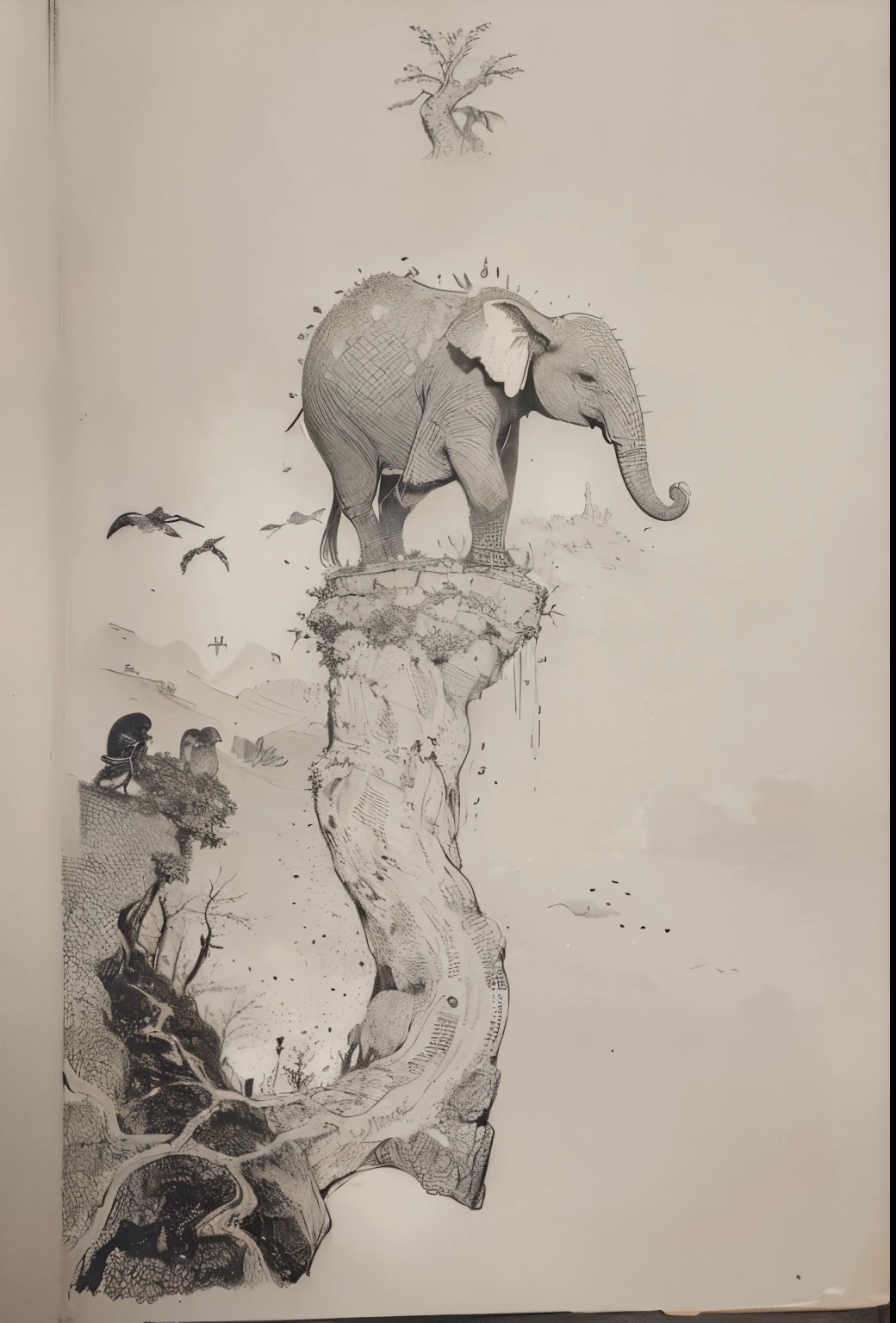 in mythical world,A bird offended,cursed by god,He was buried in the soil,The mouth went through the stone and grew into many vines,The body became a tree root,God sent elephants to guard it,it scorched by the sun,yearning for light。