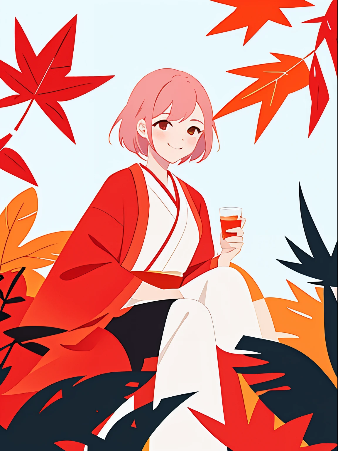 minimalism,1girl, beautiful, smileï¼red hanfu, Maple leaf tress