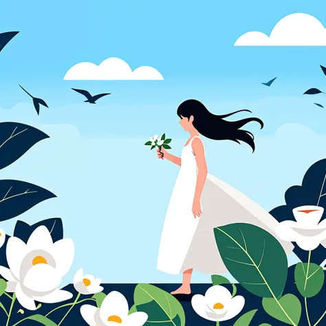 minimalism,shadow flat vector art,masterpiece,best quality,art by rami niemi,1girl, 1boy, plant, long hair, bird, dress, wide sh...