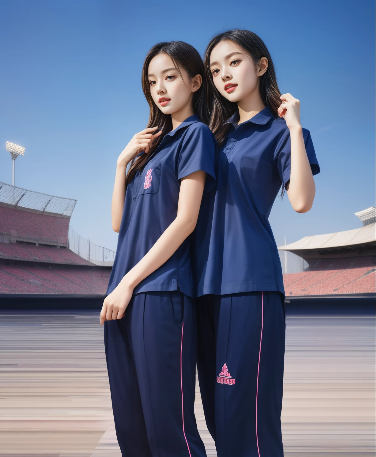 (bestquality,10,10,highres,masterpiece:1.2),ultra-detail,(Realistic,photorealistic portrait,photo-realistic:1.37),1 Cute girl in the football field,oily shiny skin,bara,light smile,BDclothelue shirt:1.3)),short sleeves,shirt, trousers.,(navy_long_Pants Track:1.1), ((Stadium Background:1.3)),dynamic angle,excited,face focus,Dynamic Poses,from behide,Ass Focus,masterpiece, bestquality, ultra realistic, hyper-detail, 8k resolution, RAW photo, crisp focus, ((Navy blue shirt:1.1)), short sleeves, Long Path, Perfect body, 2 mature women, 18yo, cinematic light,Blue sweatpants,Gymware,Correct ???????,Complete body, Correct body, sharp face, Anatomically correct body, full entire body, Realistic gestures, long-haired, Realistic poses,Wear long shorts.............................,Long leg span,Shapely,Sculpting Girl, Slender Figure, mannequin mannequins, Shapely, Beautiful body,Blue sweatpants, Two girls kissing