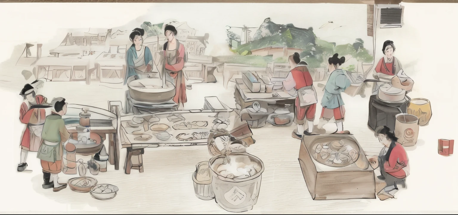 people gather around a table,The table filled with food and buckets, ancient china art style, by Qu Leilei, chinese painting style, Chinese traditional, Tofu potatoes, by Xia Gui, Chinese-style painting, by Yan Hui, Wang Hui, Wearing ancient Chinese clothes, Chinese traditional art, Chinese heritage, Biography painting, inspired by Guan Daosheng, illustratio,Line drawings!