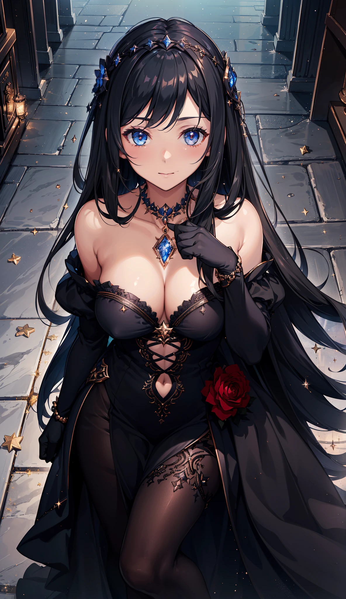 1 girl, (((ultra - detailed))), ((tmasterpiece)), ((illuminations)), , starlights, Black gorgeous dress, Curvy woman, veils, sliver long hair, Fair skin, Sagged Eyes, This picture looks like stars shining in the night sky, chest circumference, view the viewer