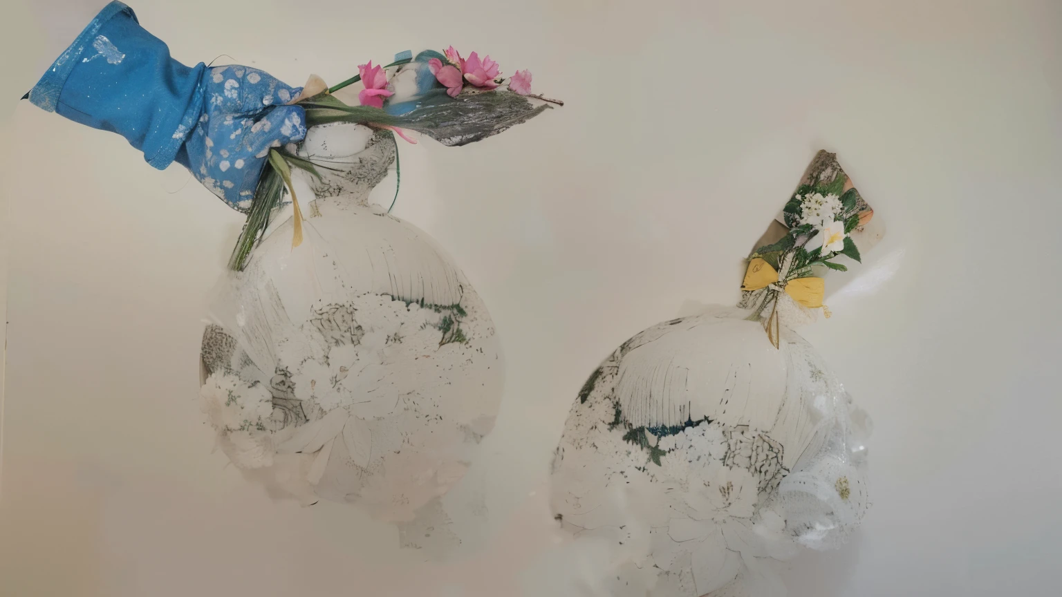 This a meaningful illustration,Depicts the theme of the rise of women。In the picture,We see two female figures,Their upper bodies are people and flowers respectively,The lower body made of lotus root。A hand with a blue glove trying to pluck the flower,This implies the oppression and exploitation of women in China。