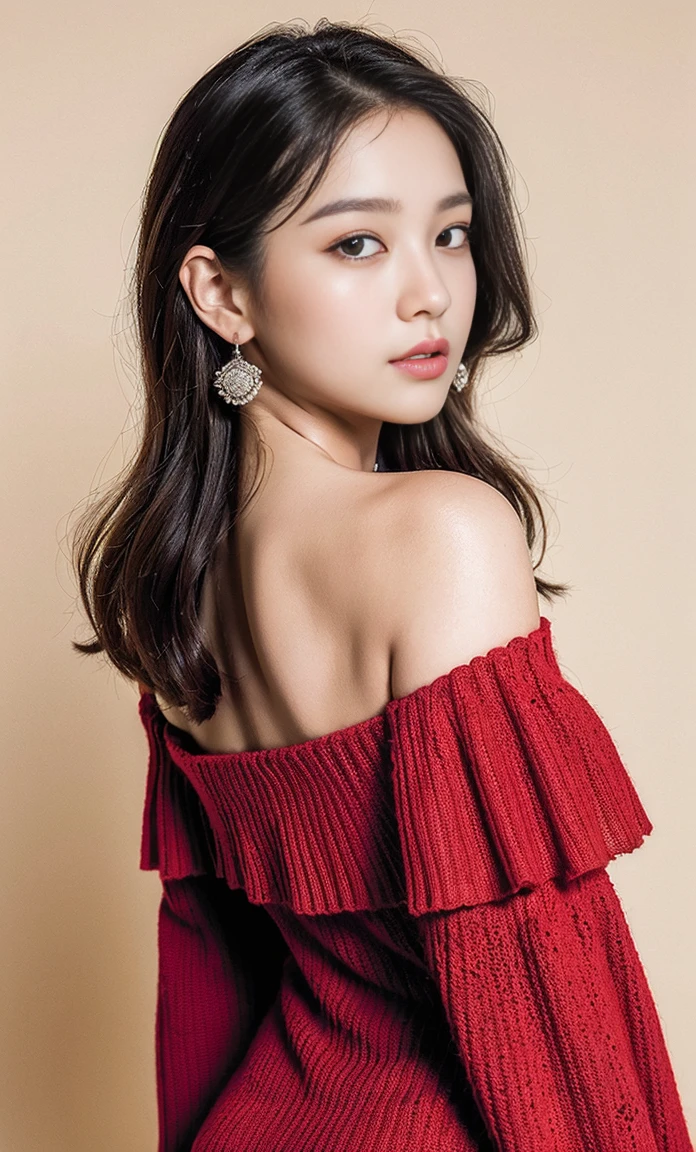 ulzzang -6500-v1.1, (Raw foto:1.2), (Photorealsitic:1.4), a beautiful detailed girl, extremely detailed eye and face, beatiful detailed eyes, Ridiculous, unbelievable Ridiculous, huge filesize, ultra-detailliert, hight resolution, ighly detailed, top-quality, masterpiece, Kemomimi, ((Red off-shoulder knit mini dress)), illustratio, ighly detailed, nffsw, unification, 8k wallpaper, astonishing, finely detail, masterpiece, top-quality, Highly detailed ticker uniform 8K wallpaper, face lights、Cinematographic lighting、1girl in、sixteen years old、(witheout panties)、((Dynamic pose back shot)