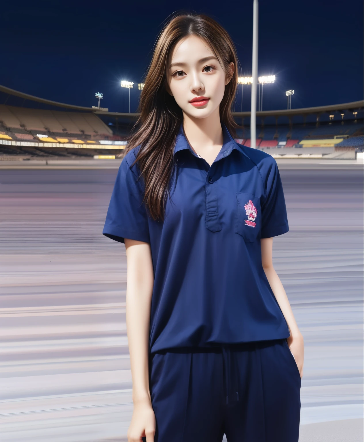 (bestquality,10,10,highres,masterpiece:1.2),ultra-detail,(Realistic,photorealistic portrait,photo-realistic:1.37),1 Cute girl in the football field,oily shiny skin,bara,light smile,BDclothelue shirt:1.3)),short sleeves,shirt, trousers.,(navy_long_Pants Track:1.1), ((Stadium Background:1.3)),dynamic angle,excited,face focus,Dynamic Poses,from behide,Ass Focus,masterpiece, bestquality, ultra realistic, hyper-detail, 8k resolution, RAW photo, crisp focus, ((Navy blue shirt:1.1)), short sleeves, Long Path, Perfect body, 2 mature women, 18yo, cinematic light,Blue sweatpants,Gymware,Correct anatomy,Complete body, Correct body, sharp face, Anatomically correct body, full entire body, Realistic gestures, long-haired, Realistic poses,Wear long shorts.............................,Long leg span,Shapely,Sculpting Girl, Slender Figure, mannequin mannequins, Shapely, Beautiful body,Blue sweatpants, Two girls kissing