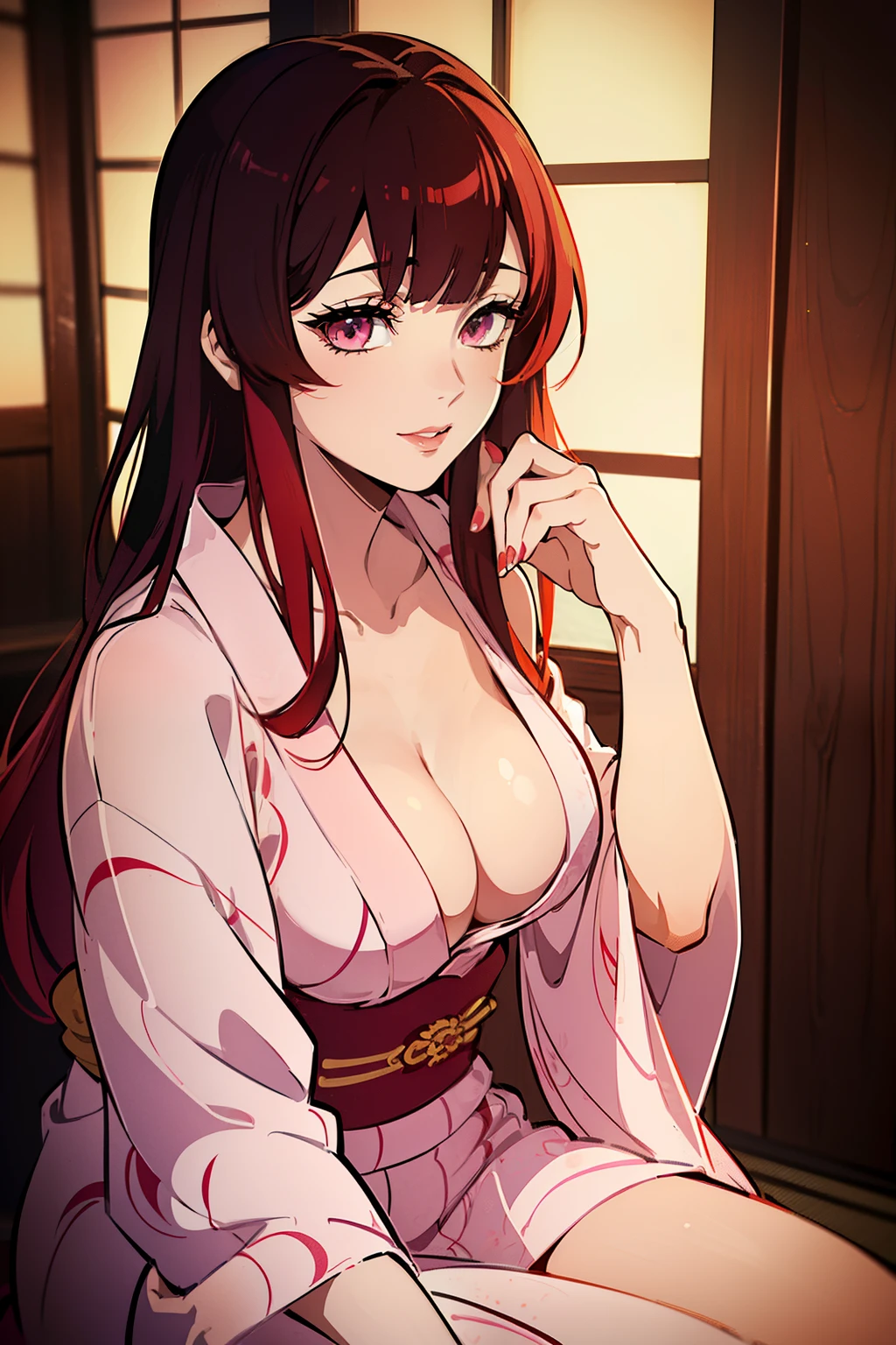 (high-quality, breathtaking),(expressive eyes, perfect face) (((yukata, cleavage, sexy lips)), 1girl, female, solo, young adult, red color hair , streaked hair, pink coloured eyes, stylised hair, gentle smile, long length hair, loose hair, side bangs, japanese clothing, demon slayer art style