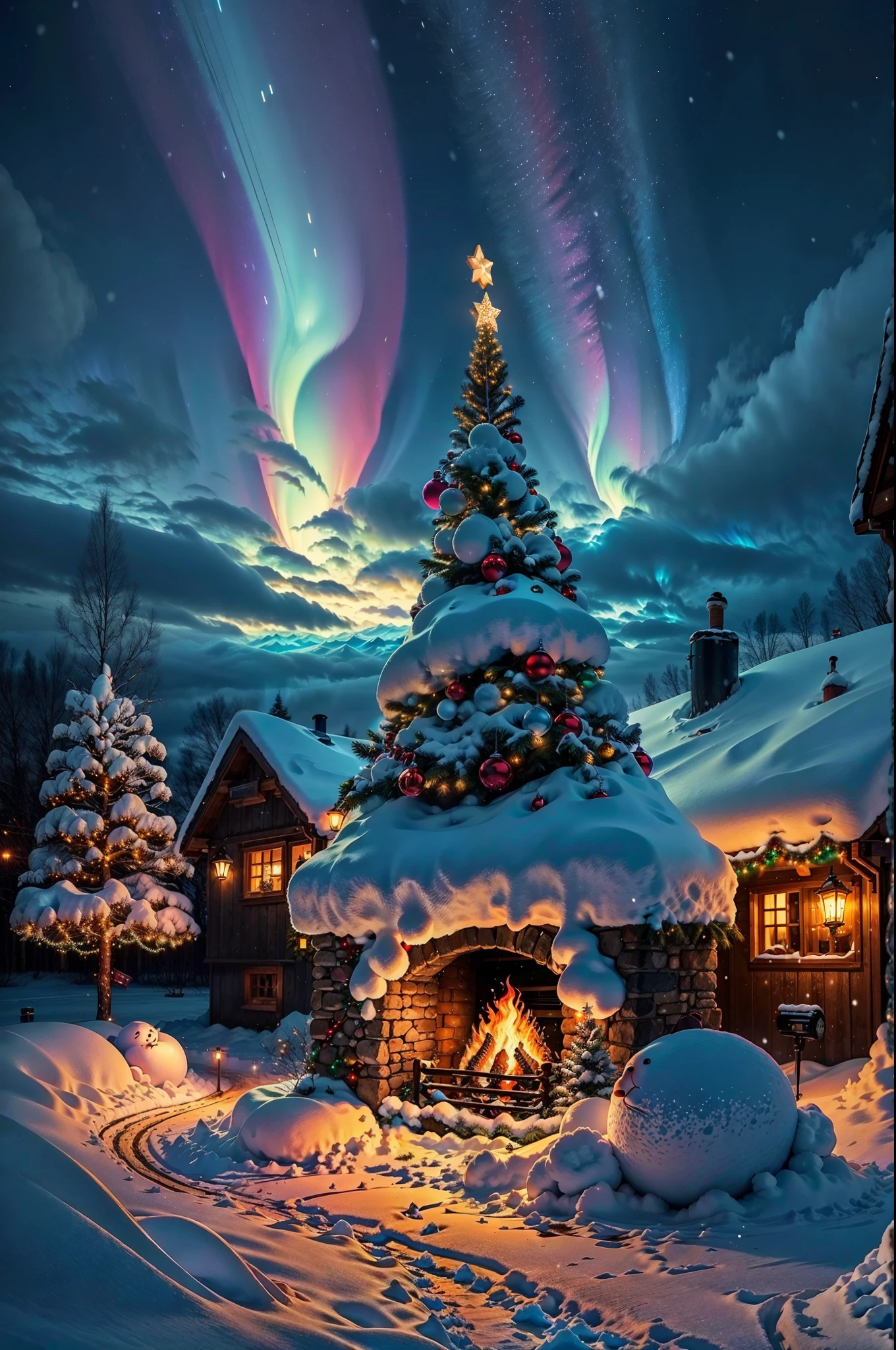 cool christmas night,polar lights,snow,colorful,beautiful