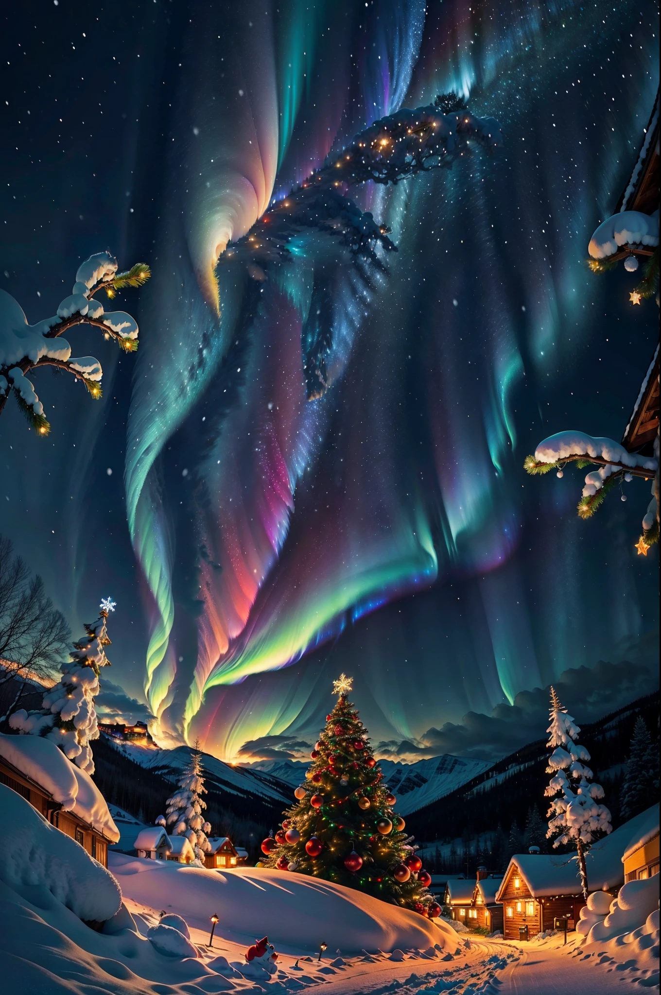 cool christmas night,polar lights,snow,colorful,beautiful