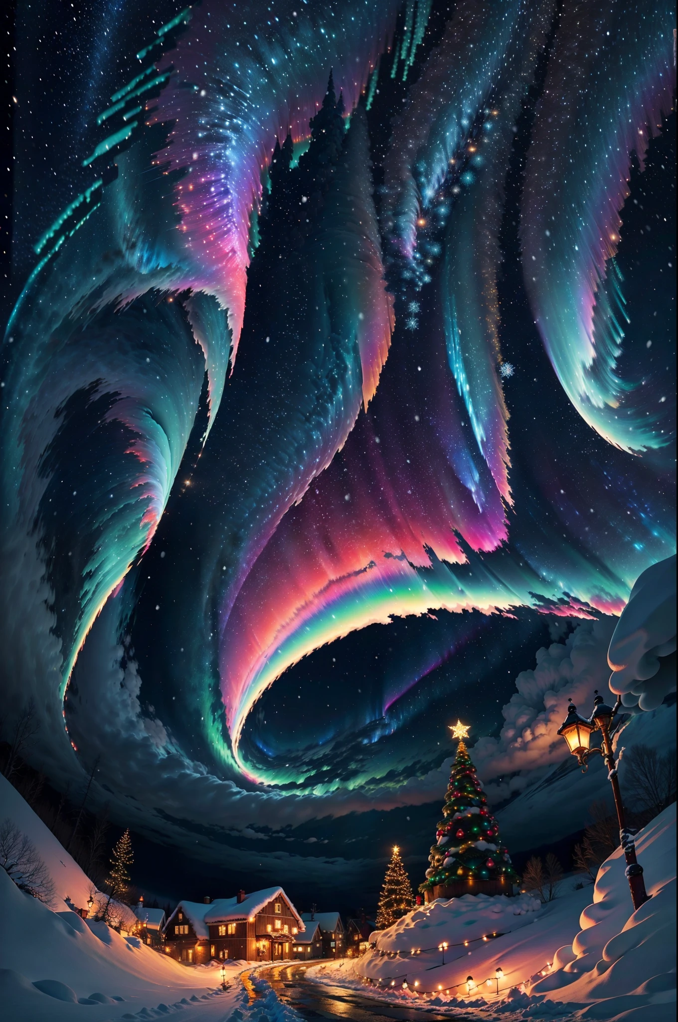 cool christmas night,polar lights,snow,colorful,beautiful