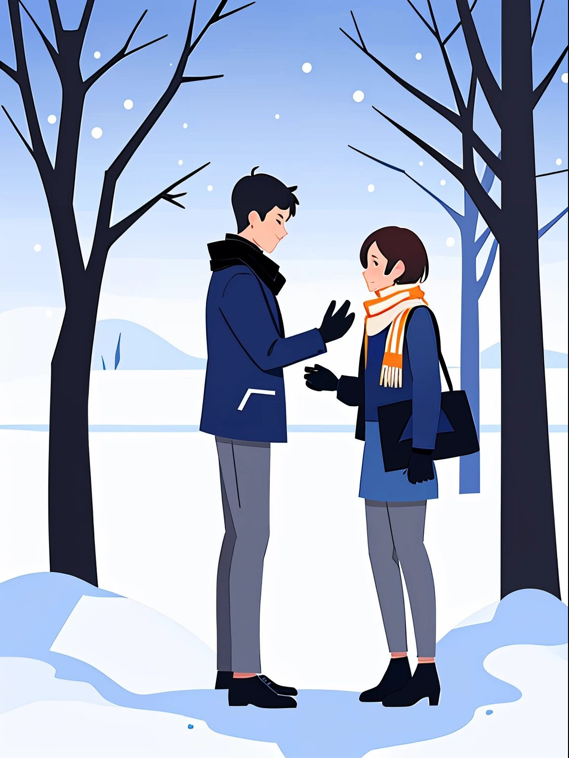 Minimalism,shadow flat vector art,masterpiece,best quality,1girl, scarf, snow, 1boy, outdoors, tree, black footwear, brown hair, pants, skirt, grey pants, jacket, winter, short hair, blue skirt, standing, gloves, long sleeves, profile, shoes, black jacket, wide shot, day,