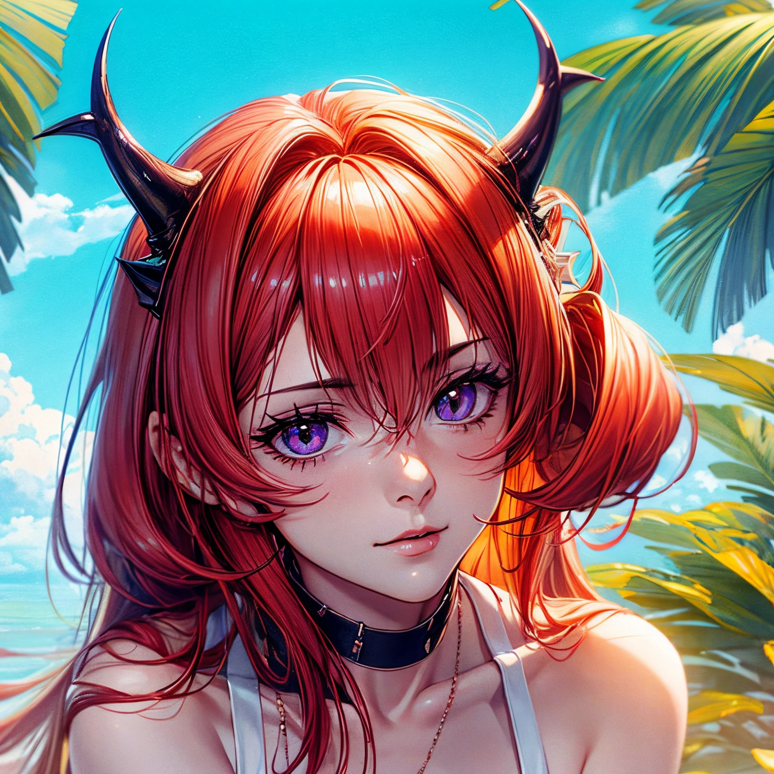 1girl, solo, bear ears, (flaming eyes:1.15763), contracted pupils, pink hair, very short hair, upper body, pink strapless dress, ocean, medium breasts,