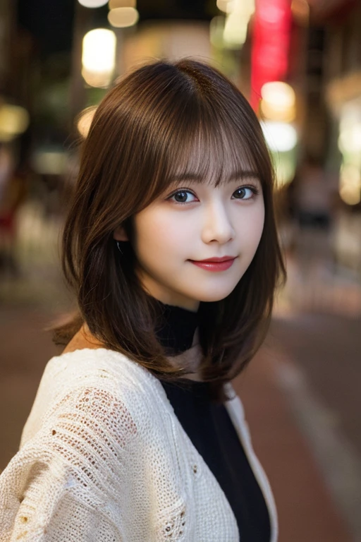 masutepiece, Best Quality, Illustration, Ultra-detailed, finely detail, hight resolution, 8K Wallpaper, Perfect dynamic composition, Beautiful detailed eyes, knit,Medium Hair,Natural Color Lip, Bold sexy poses,Smile,Harajuku、20 years girl、Cute、Sexy shot looking at camera、C Cup、Brown hair、cacique#39;s face、Blurred night downtown background