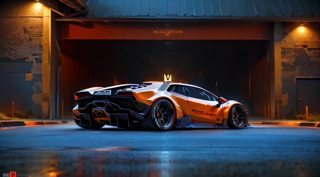 (Racing red), (((Lamborghini Huracan))) LB works body styling, carbon fibre, sporty, high octane racing, (rear wing spoiler), sports exhaust , front bumper splitters, lowered racing suspension, jonsibal design works, hycode, inspired by forza horizon and gran Turismo, detailed automotive concept art, cgi, trending in carscoops.com, artstation.com, behance contest winner, automotive concept art, industrial warehouse backshot,  light night LUTs, HDR, capture one, 3ds max, octane render, unreal engine, cinematic low lighting, ground shadows, perfect lighting, moody, hazy, ominous. A truly epic design, raw, detailed bodywork, race decals, sunset shot, reflective glow, ambient night light, stunning, high art, rare, detailed, perfect scale, sacred geometry, rule of thirds, meticulous craftsmanship, spotlighting FX, photorealistic, hyper realism, vibrant orange colour!!