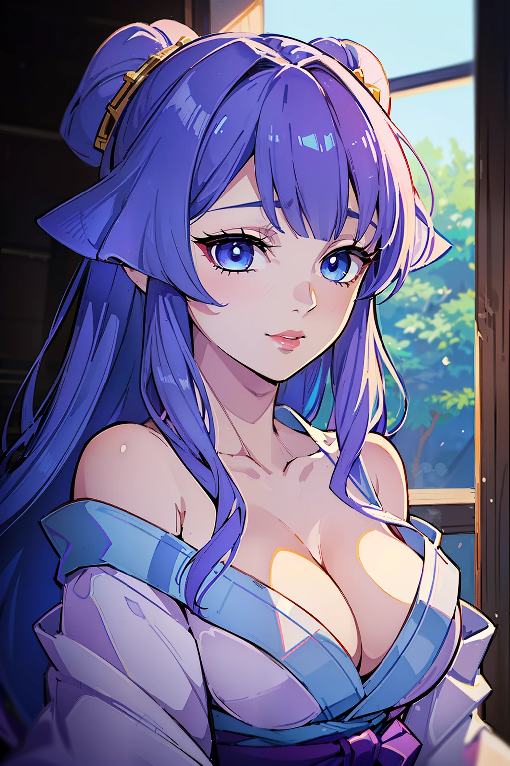 (high-quality, breathtaking),(expressive eyes, perfect face) (((off shoulder yukata, cleavage, sexy lips)), 1girl, female, solo, young adult, lavender color hair , blue coloured eyes, stylised hair, gentle smile, long length hair, loose hair, side bangs, japanese clothing, demon slayer art style