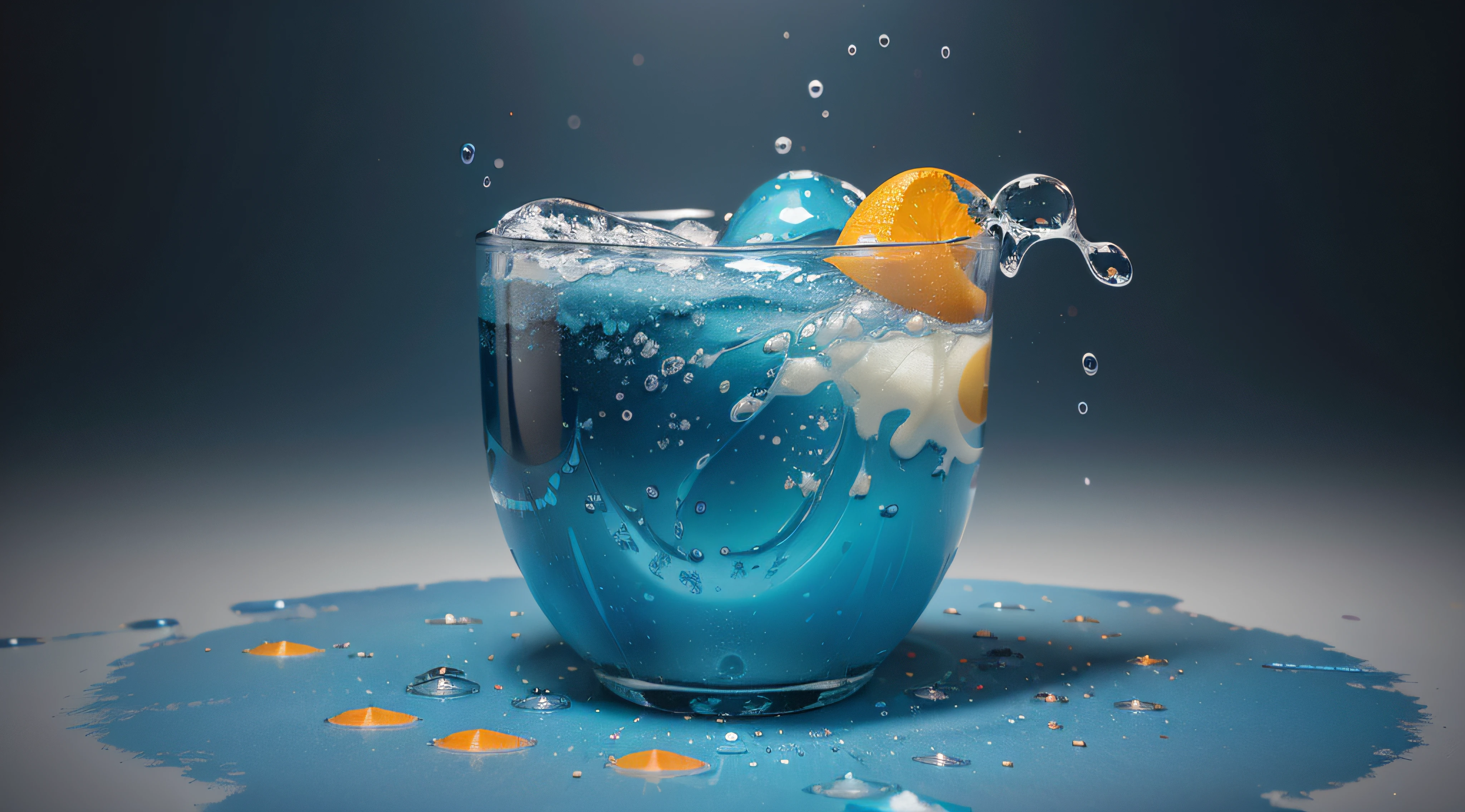 on a gradient background, Gradually changing color from blue to light orange.,gradient transition from left to right,blue liquid with foam and bubbles flows across the background from top to bottom,splatter,high quality 32k,higly detailed