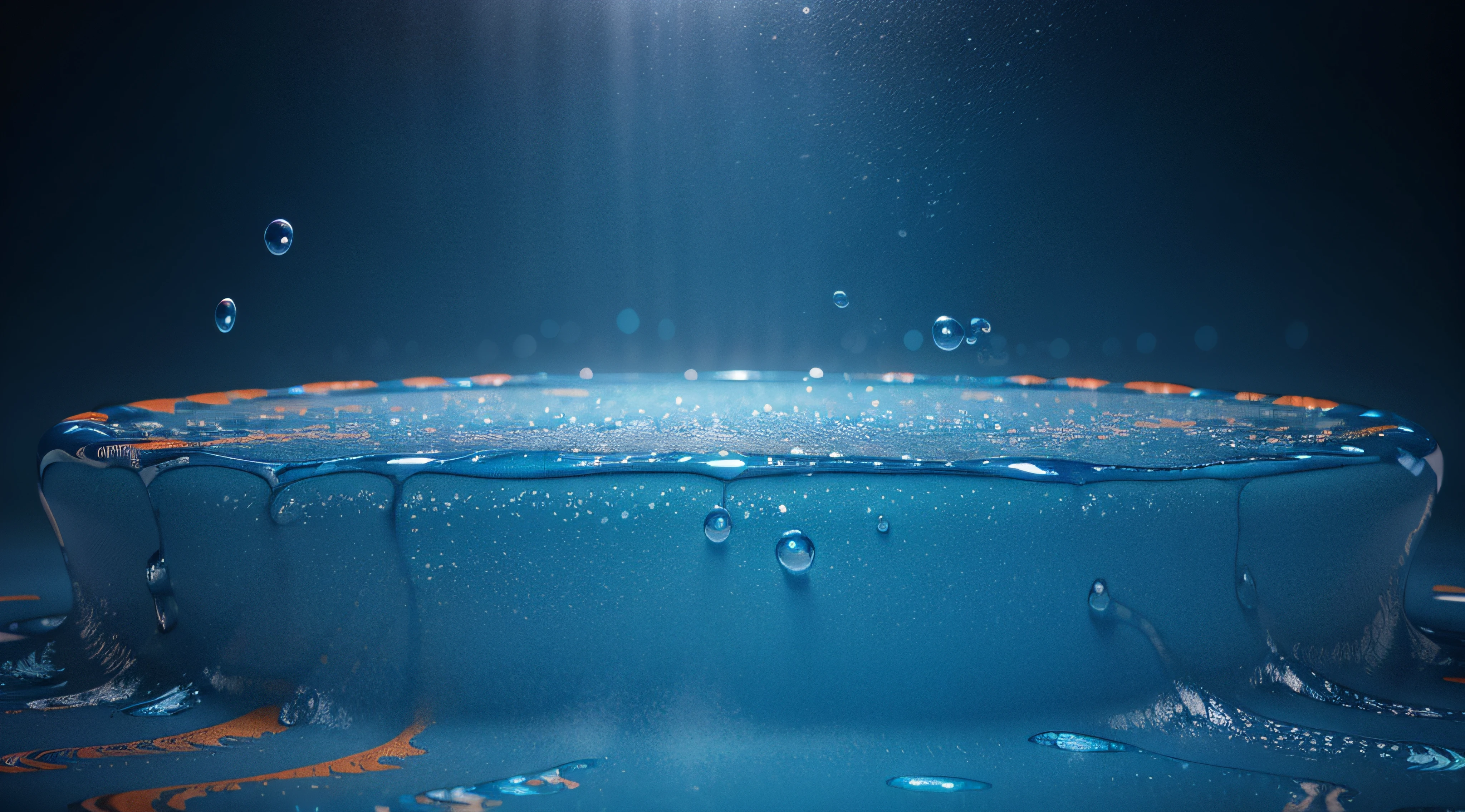 on a gradient background, Gradually changing color from blue to light orange.,gradient transition from left to right,blue liquid with foam and bubbles flows across the background from top to bottom,splatter,high quality 32k,higly detailed