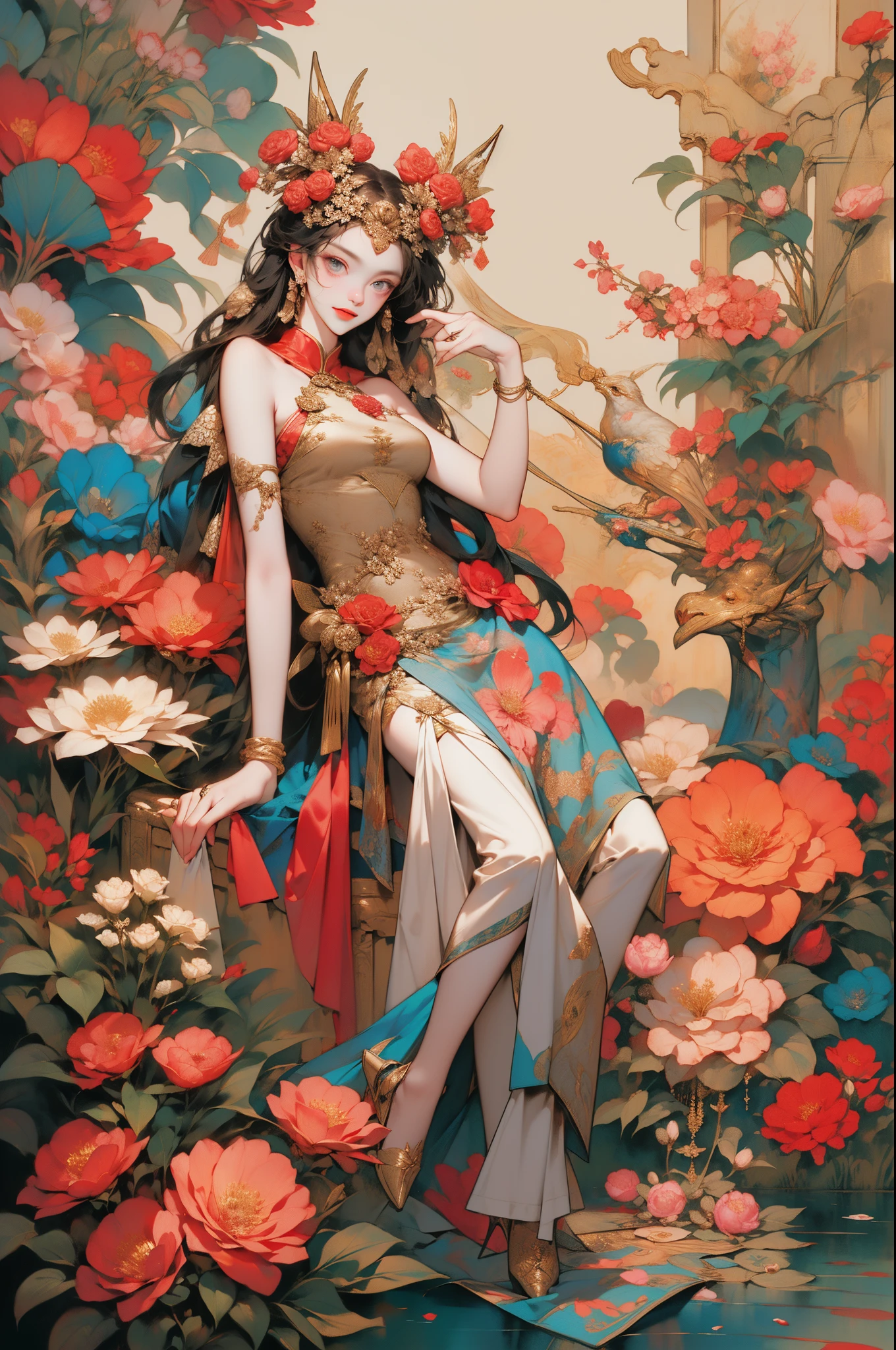 （tmasterpiece，quality，Best quality at best，offcial art，Beauty and aesthetics：1.2），（1 Sister：1.3），The content  very detailed，（s fractal art：1.1），（One color：1.1）（flowers in full bloom：1.3），Most detailed，（ tangled:1.2), (dynamicposes), (abstract backgrounds:1.3), (Chinese fabric:1.2), (Skin glows), (Lots of colors:1.4), ,(耳Nipple Ring:1.4)，（Decorative painting：1.6，）， lamplight,Ink painting and watercolor，ink，water ink，
