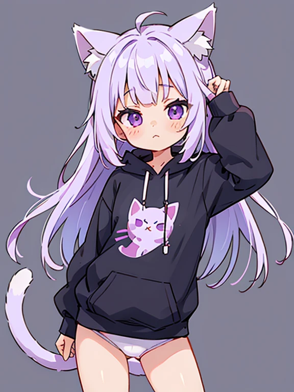 masterpiece, best quality, high res, solo, 1 girl, long hair, loli, nice breasts, flat chest, small breasts, small chest, bangs, purple eyes, blush, looking at viewer, closed mouth, bright colors, vibrant, extrasharp, high sharpness, nice hands, clear image, bright image, light purple hair, oversized hoodie, big hoodie, large hoodie, black and white hoodie, two color hoodie, long hoodie, hair pin, thigh accessory,  bare legs, cute face, cat ears, cat tail, cat girl, no pants, simple background, standing up