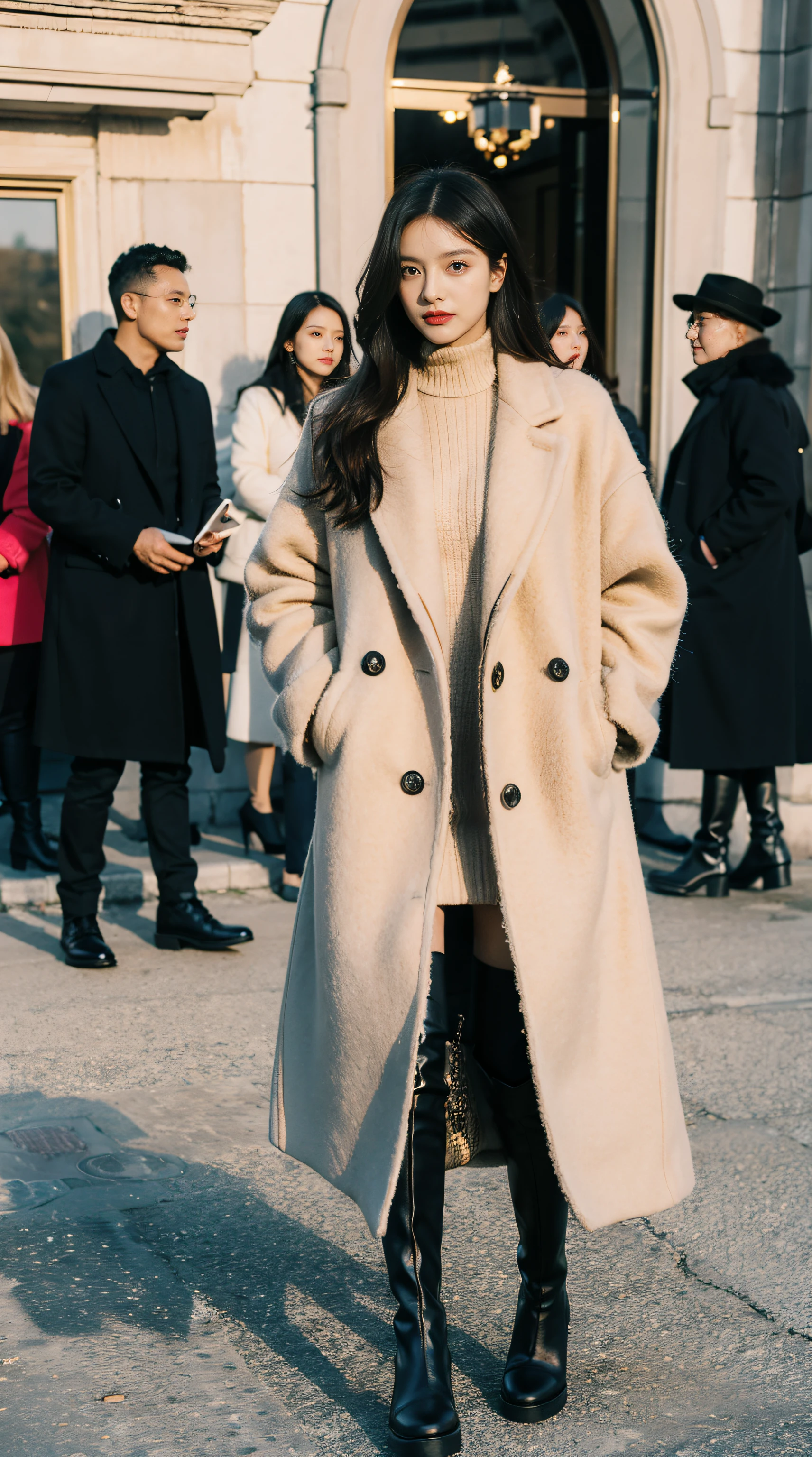 Best quality,tmasterpiece,超高分辨率,(Realistis:1.4),RAW photos,hyper HD,8K,There  one girl,Stylish clothes,Chanel style,Winter clothes,fashionable attire,long wool coat,tigh-high boots,Over-the-knee boots,high-class fashion,ellegance,best selling,Casual pose