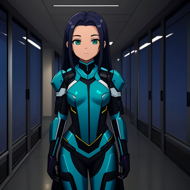 A beautiful European girl, drawn in anime style, futuristic, 2000's aesthetic, sci-fi, jade green eyes, long red hair, small breast, white and blue futuristic military armor, standing in high tech futuristic office, highly detailed, 4K.