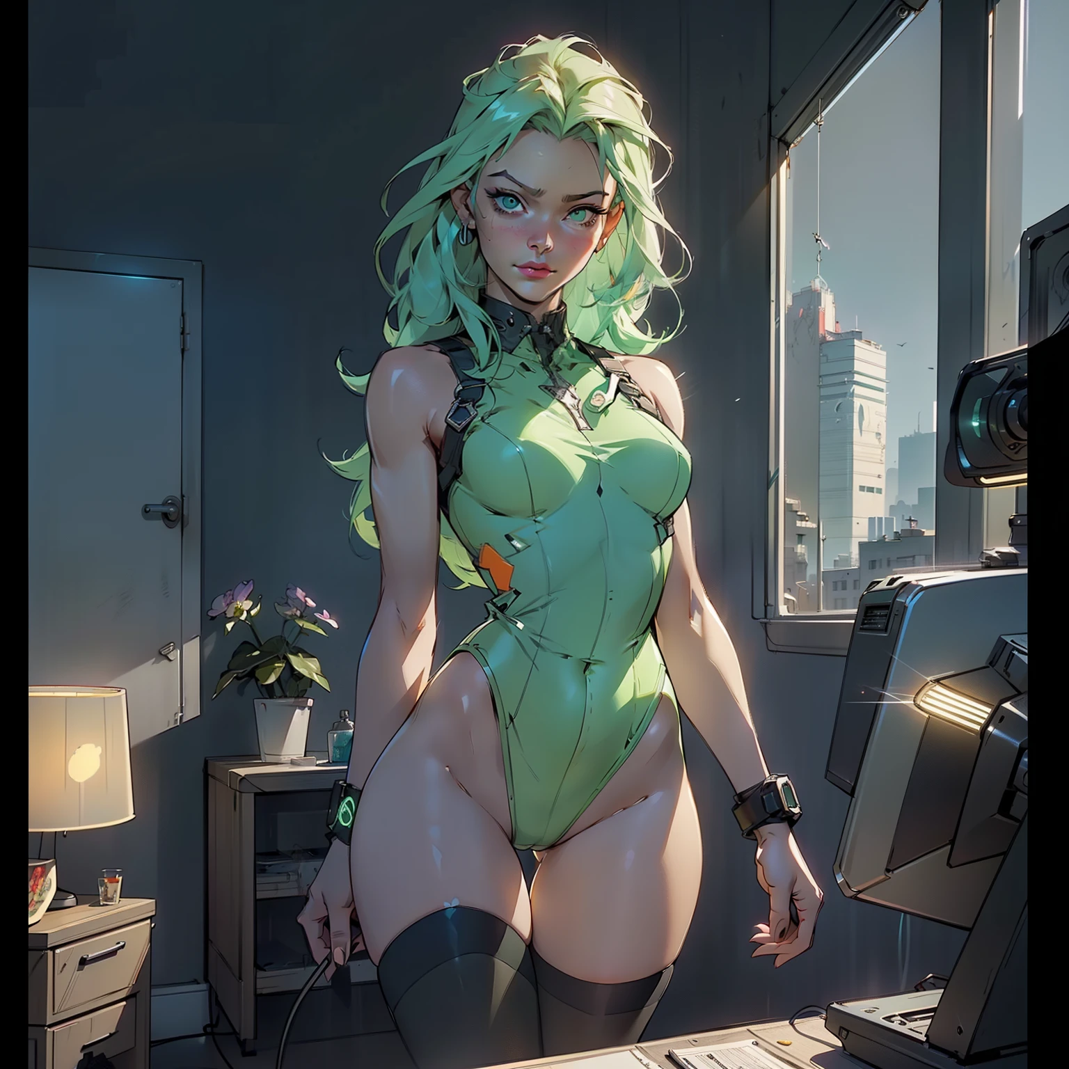 Hyper realistic super detailed sexy Mitsuri Kanroji, NSFW, Very detailed, expressions faciales sexy, seductive facial expressionace detail: 1.4): 0.4], 16K resolution, 4k resolution, dinamic lighting, High definition resolution, (sexy pose, Position attrayante), (hyper realistic: 1.4),  , (sun light: 1), (pleine hauteur: 1.8),(contrasting background: 1.5), (Anatomy of the hyperrealistic arm), (Hyperrealistic anatomy of the legs), (peau propre), (lighting cinematic: 1.7), (intime), (Technologie NVIDIA RTX Ray Tracing), (Ventre plat parfait), (image couleur),Create a 4K resolution, ultra-realistic, and extremely detailed artwork featuring a Mitsuri Kanroji in a corporate office setting with a provocative style. Mitsuri Kanroji  the central character in the artwork. She stands in front of a big glass window of a modern office offering a cityscape view.

 ((Mitsuri Kanroji (demon slayer))), a girl with long green-pink gradient hair and green eyes, green hair, gradient hair, multicolored hair, long hair. Sha has a commanding presence. She has a provocative yet professional silhouette, with a tailored business suit that subtly emphasizes her figure. Her makeup  bold, with striking red lips and a gaze that demands attention.

She  dressed provocatively,  a bold fashion statement. yellow leotard, orange leotard, thigh gap, bare shoulders, a touch of glamour to her overall appearance. shy and faint smile