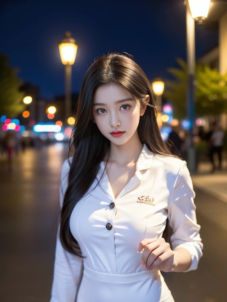 tmasterpiece,Highest image quality,super detailing,(1 Sister), The beautiful, amazing face and eyes, Cosmetics for a delicate and beautiful face), (The best look), (Beautiful big breasts:1.1), (Best quality at best:1.4), (ultra - detailed), (Extremely detailed CG-8k wallpaper), Very meticulous, RAW photogr, professional photoshooting, ((buisness suit)), (tightly dress), (Open business shirt), Outdoor sports, (down town, nightcity, lamplight), (nigh sky), depth of fields,
