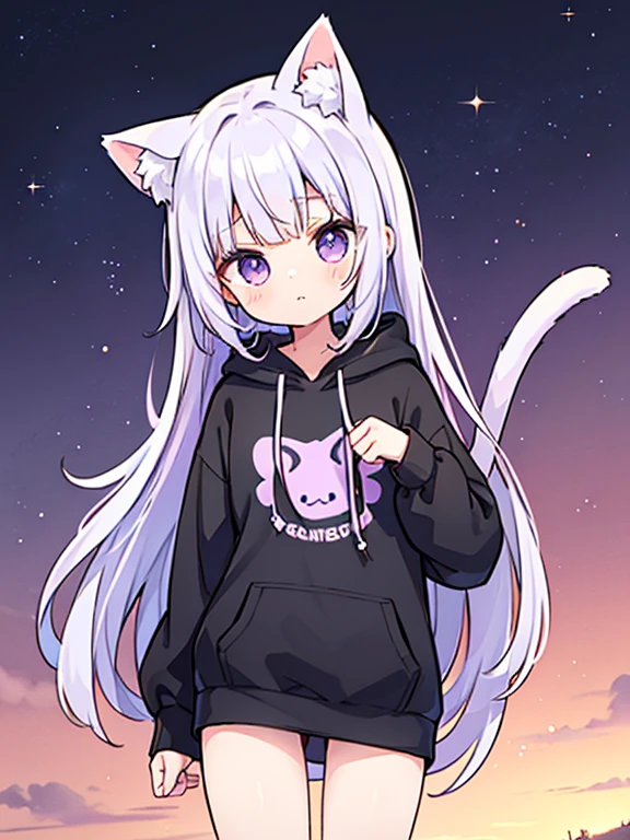 masterpiece, best quality, high res, solo, 1 girl, long hair, loli, nice breasts, flat chest, small breasts, small chest, bangs, purple eyes, blush, looking at viewer, closed mouth, bright colors, vibrant, extrasharp, high sharpness, nice hands, clear image, bright image, light purple hair, oversized hoodie, big hoodie, large hoodie, black and white hoodie, two color hoodie, long hoodie, hair pin, thigh accessory,  bare legs, cute face, cat ears, cat tail, cat girl, no pantackground, standing up