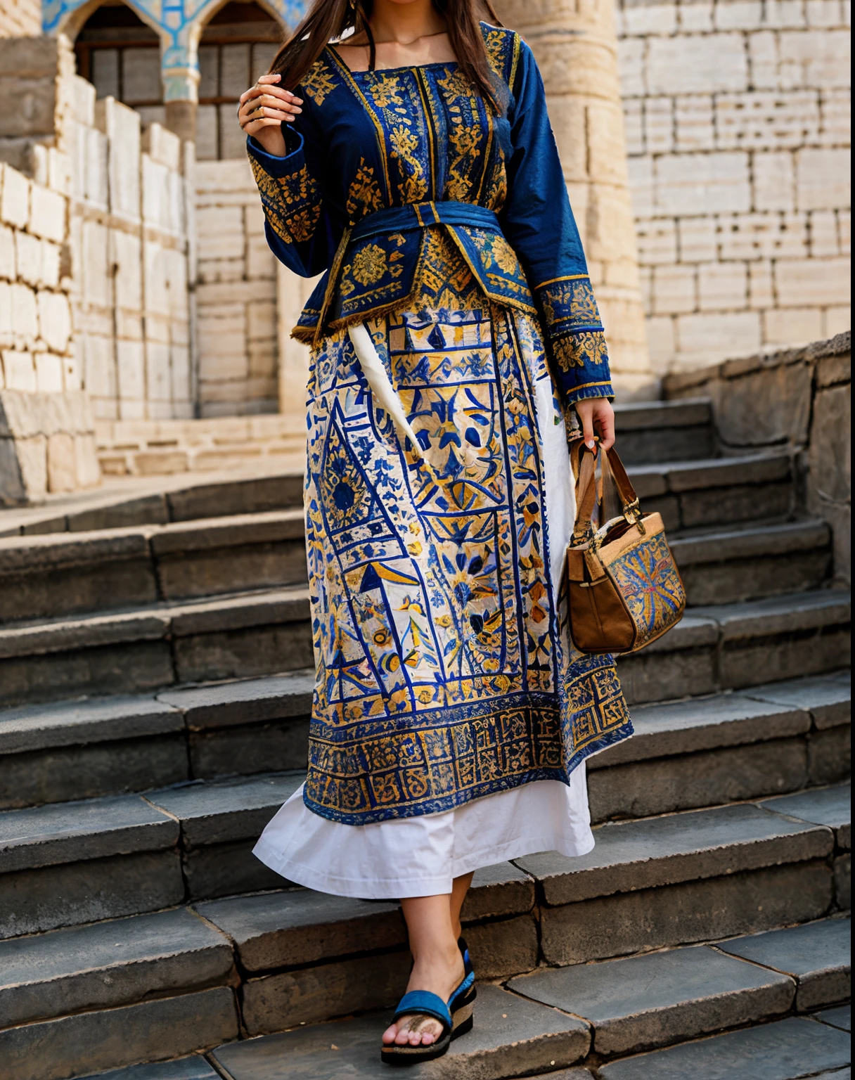 high fashion, hyperrealism, clothing in the style of the Ark fortress, the ancient citadel in Bukhara, Uzbekistan, material with a traditional pattern or drawings in the spirit of the works of artists of that time: at the same time, clothing models refer to those times,material decorated with traditional patterns or drawings inspired by the works of famous artists to create a unique image