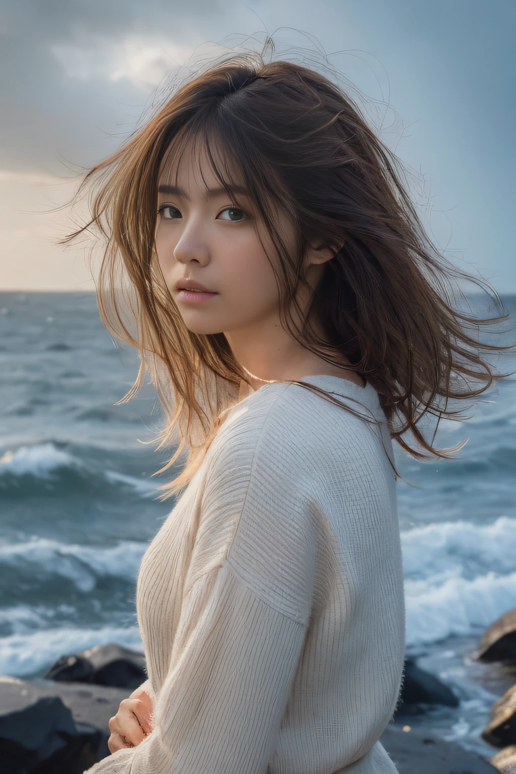 ((of the highest quality)),((masutepiece)),((Very beautiful)), unique light and shadow, One girl, hair messy, Realistic skin texture, strong breeze, Rain, Rocky Shore, rough sea, Feminine pose