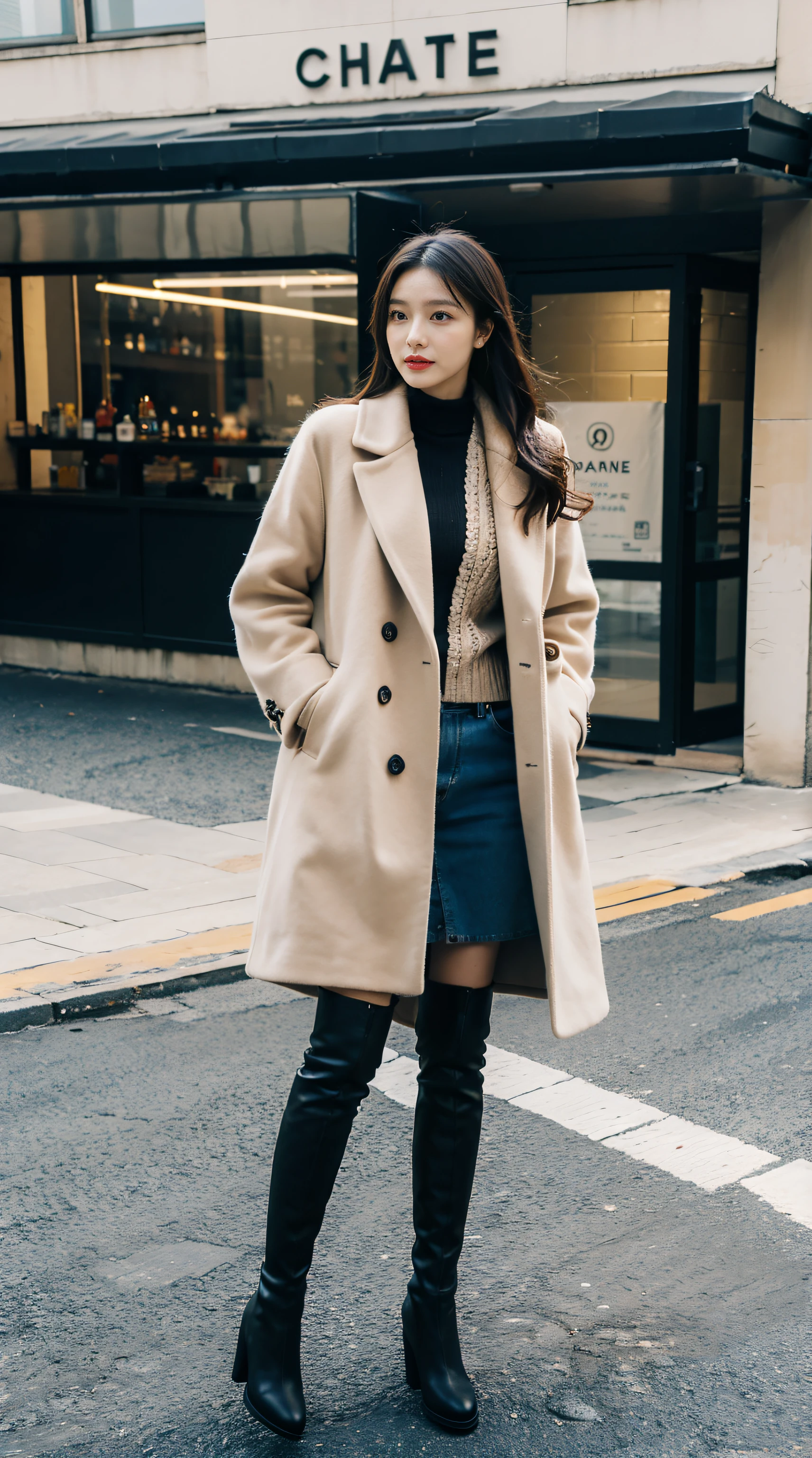 Best quality,tmasterpiece,超高分辨率,(Realistis:1.4),RAW photos,hyper HD,8K,There one girl,Stylish clothes,Chanel style,Winter clothes,fashionable attire,long wool coat,tigh-high boots,Over-the-knee boots,high-class fashion,ellegance,best selling,Casual pose