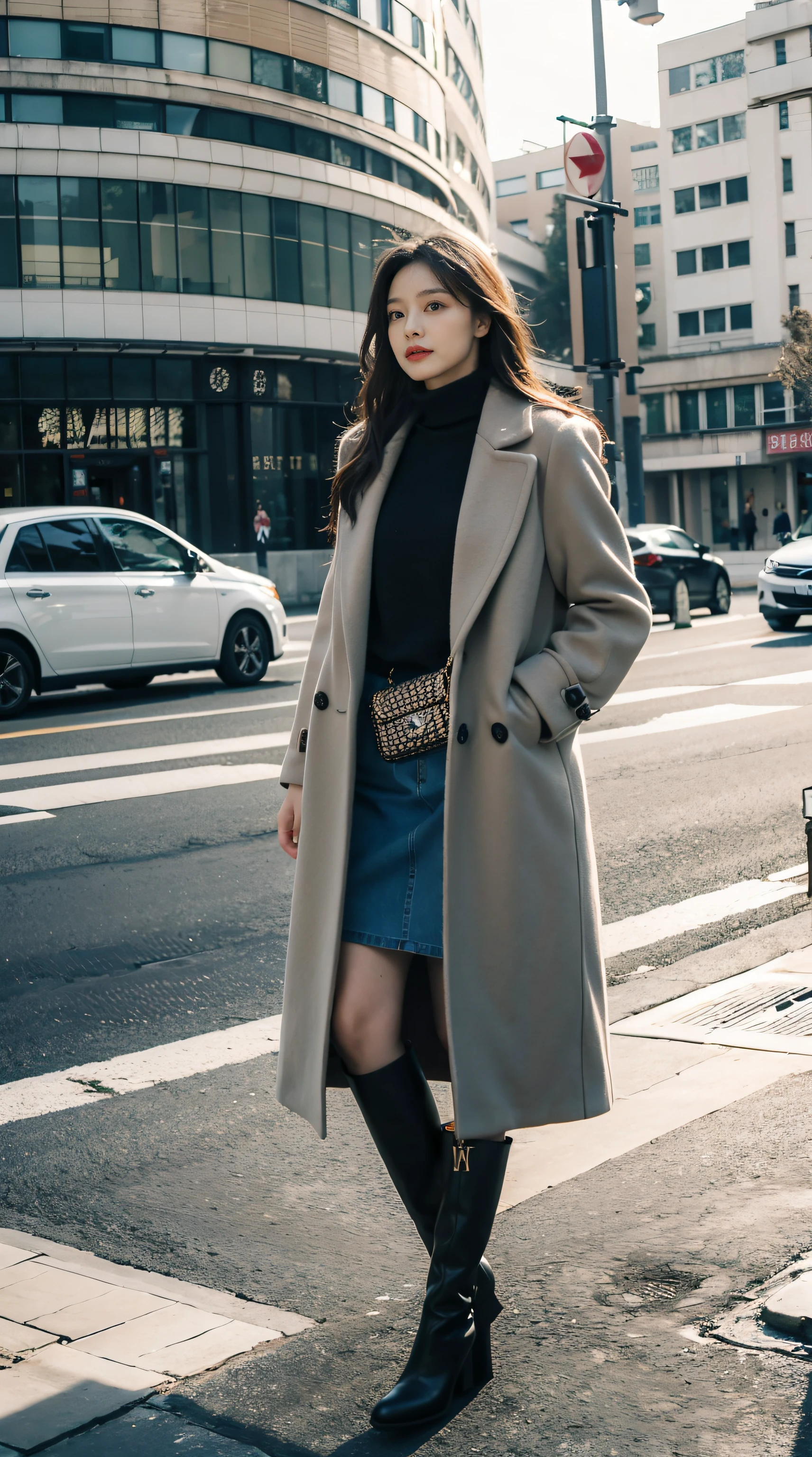 Best quality,tmasterpiece,超高分辨率,(Realistis:1.4),RAW photos,hyper HD,8K,There  one girl,Stylish clothes,Chanel style,Winter clothes,fashionable attire,long wool coat,tigh-high boots,Over-the-knee boots,high-class fashion,ellegance,best selling,Casual pose