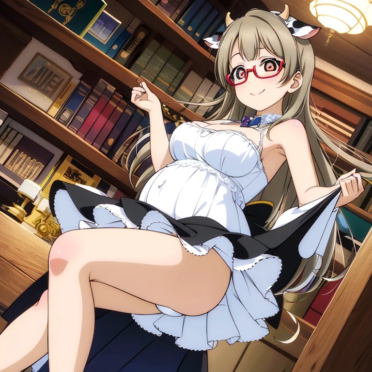 16K ultra-high resolution ultra-definition masterpiece full color 、Minami Kotori、pregnant woman、Shiny detailed hair、length hair、bare Big breasts、big beautiful armpits、big butts、Black and white cow print sexy underwear with cow ears and cow small horns、shinny skin、Red cheeks、Moisturized eyes、Beautiful human woman leaning against a bookshelf wearing glasses with a confused expression、With a bewitching smile and a seductive library in the background、nsfw