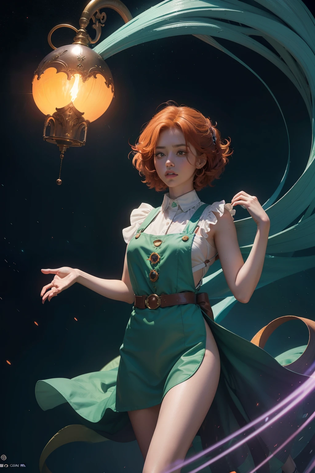 concept art, overhead angle of a Will-o'-the-wisp, wearing Funny Somali Emerald deep orange Pinafore, Caramel hair styled as Short hair, fluorescent purple Hair tie, equirectangular 360, Highres,  [(art by Willi Baumeister:1.1), (art by John T. Biggers:1.2)::17], official art, unity 8k wallpaper, ultra detailed, aesthetic, masterpiece, best quality, photorealistic
