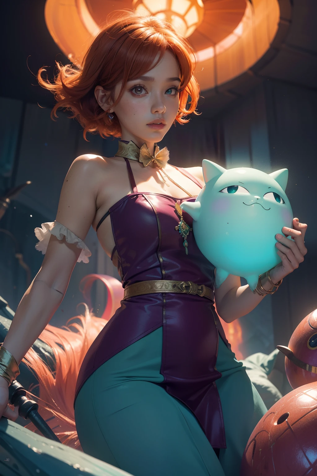concept art, overhead angle of a Will-o'-the-wisp, wearing only Funny Somali Emerald deep orange short Pinafore, Caramel hair styled as Short hair, fluorescent purple Hair tie, equirectangular 360, Highres, [(art by Willi Baumeister:1.1), (art by John T. Biggers:1.2)::17], official art, unity 8k wallpaper, ultra detailed, aesthetic, masterpiece, best quality, photorealistic, exposed thick thighs and cleaveage
