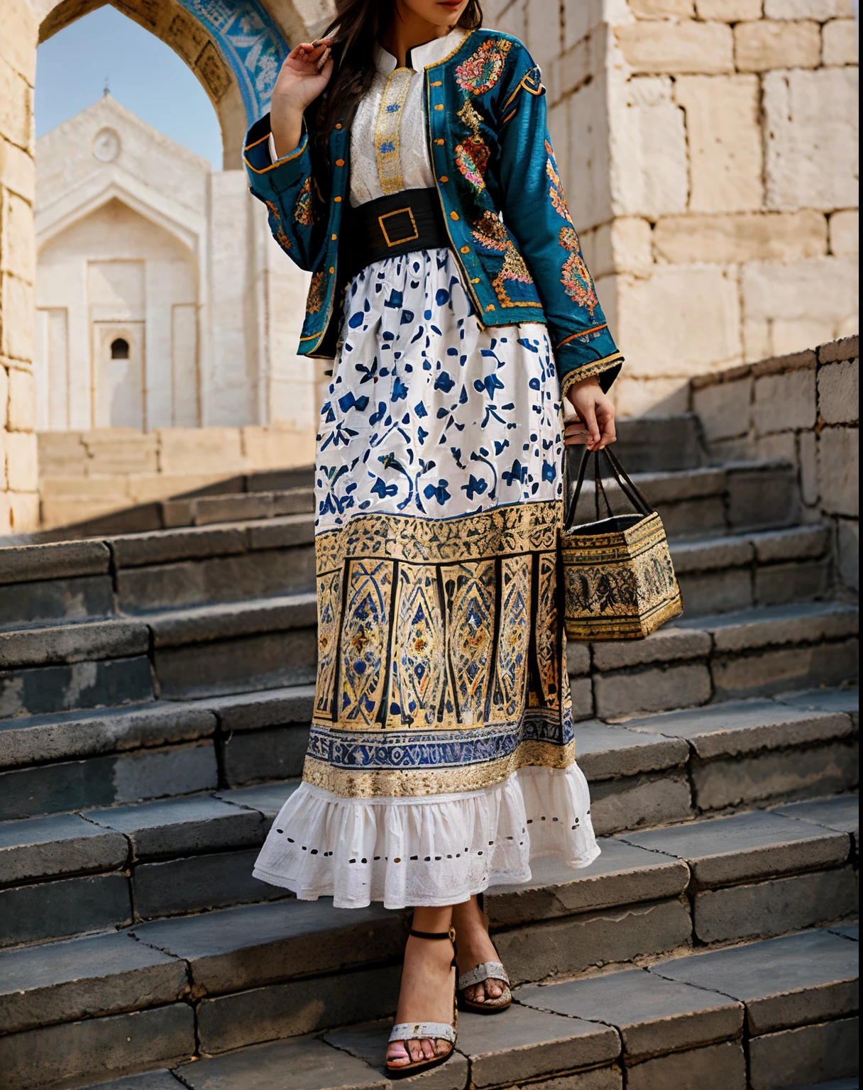 high fashion, hyperrealism, clothing in the style of the Ark fortress, the ancient citadel in Bukhara, Uzbekistan, material with a traditional pattern or drawings in the spirit of the works of artists of that time: at the same time, clothing models refer to those times,material decorated with traditional patterns or drawings inspired by the works of famous artists to create a unique image