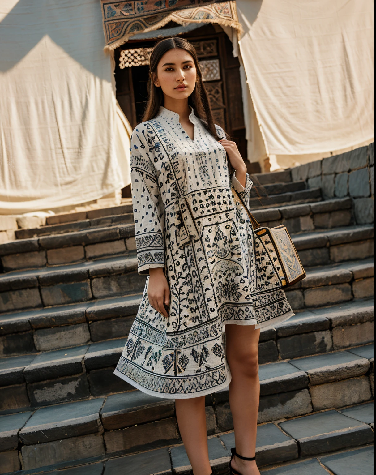 high fashion, hyperrealism, clothing in the style of the Ark fortress, the ancient citadel in Bukhara, Uzbekistan, material with a traditional pattern or drawings in the spirit of the works of artists of that time: at the same time, clothing models refer to those times,material decorated with traditional patterns or drawings inspired by the works of famous artists to create a unique image