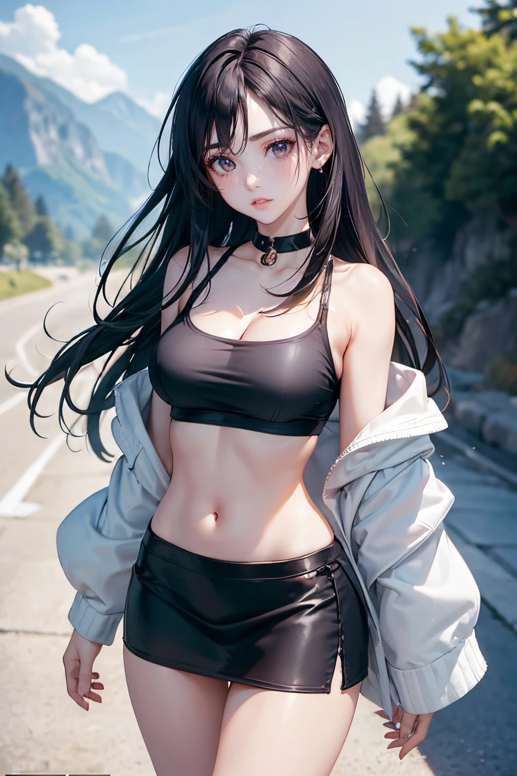 (Masterpiece:1.2, best quality : 1.2, illustration), Gorgeous caucasian woman, (beautiful face), long black hair, (long eyelashes), long thick eyebrows, ((symmetrical eyes)), (beautiful green eyes), (bangs), bangs over one eye, one eye covered by hair, wind blowing hair, ((red glossy lips)), red cheeks, pale white skin, (collarbone), (off-shoulder jacket), black bra underneath, visible cleavage, bare waist (short mini skirt), long legs, ((visible thigh)), dynamic standing pose, slighly bent forward, looking towards the viewer, (dark environment), ((near a river)), ((pebbles)), (snow mountains in background), ((wallpaper)), highres, 4k, 8k, 1080, HD, Intrinsic details, aesthetic outdoors, ((blurry background)), highly focused, extremely detailed, award-winning, (shadow effect), (detailed face), ((detailed eyes)), (symmetrical eyes)