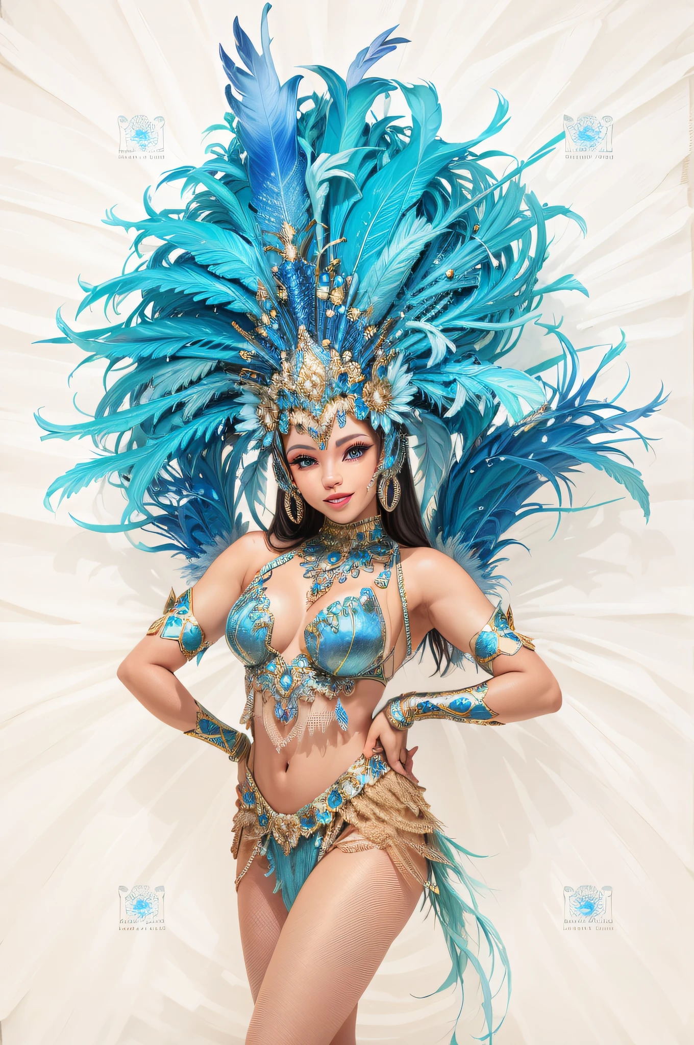 A woman who ,Wearing blue feather samba costume,dressed in,High quality face shape,Rio carnival style,normal facial details,Normal fingers,The costumes are rich in detail,high high quality
