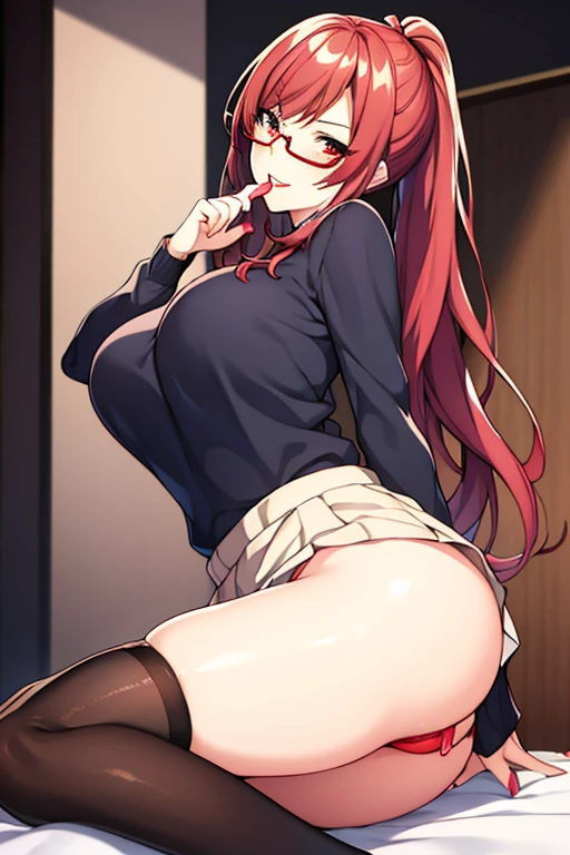 Loves creampie, big sister onee-san, exhibitionist sexy pose, sly smug, actress face, lifting her skirt thighhigh socks, no underwear no bra no panties licking red lips moaning face, lips lip sticks in focus, sucking her finger red lipsticks on lips tongue out pretty red volumous lips mouth, tits and, glasses ponytail, masturbatng
