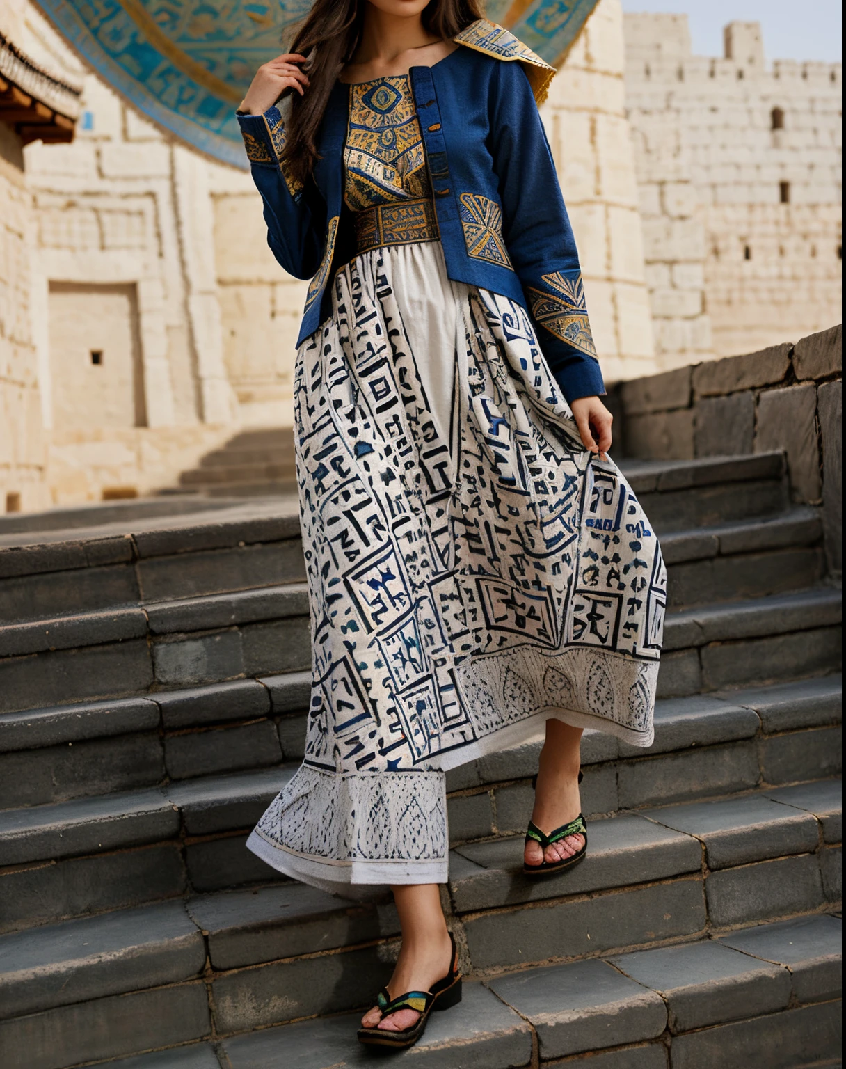 high fashion, hyperrealism, clothing in the style of the Ark fortress, the ancient citadel in Bukhara, Uzbekistan, material with a traditional pattern or drawings in the spirit of the works of artists of that time: at the same time, clothing models refer to those times,material decorated with traditional patterns or drawings inspired by the works of famous artists to create a unique image