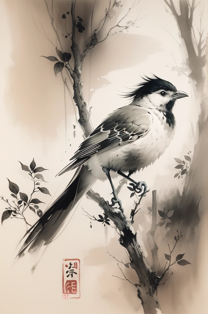(best quality,highres,masterpiece:1.2),ultra-detailed,ink painting,Chinese style,bird on a branch,loose brushstrokes, composition,subtle textures,elegant simplicity,dynamic ink flow,expressive ink marks,black and white,eye-catching,fine details,zen-like,traditional technique,artistic interpretation,serene atmosphere,minimalist aesthetic,calming ambiance,full of symbolism,subtle gradations,harmonious balance,atmospheric perspective,peaceful tranquility,sparse background,thoughtful strokes,powerful simplicity,tranquil nature,balance of positive and negative space,graceful movement,lively brushwork,natural harmony,ethereal beauty,traditional brush and ink technique,serene representation,artistic minimalism,nature's tranquility,delicate lines,dreamlike ambiance,soothing black ink,subtle ink washes,symbolic imagery