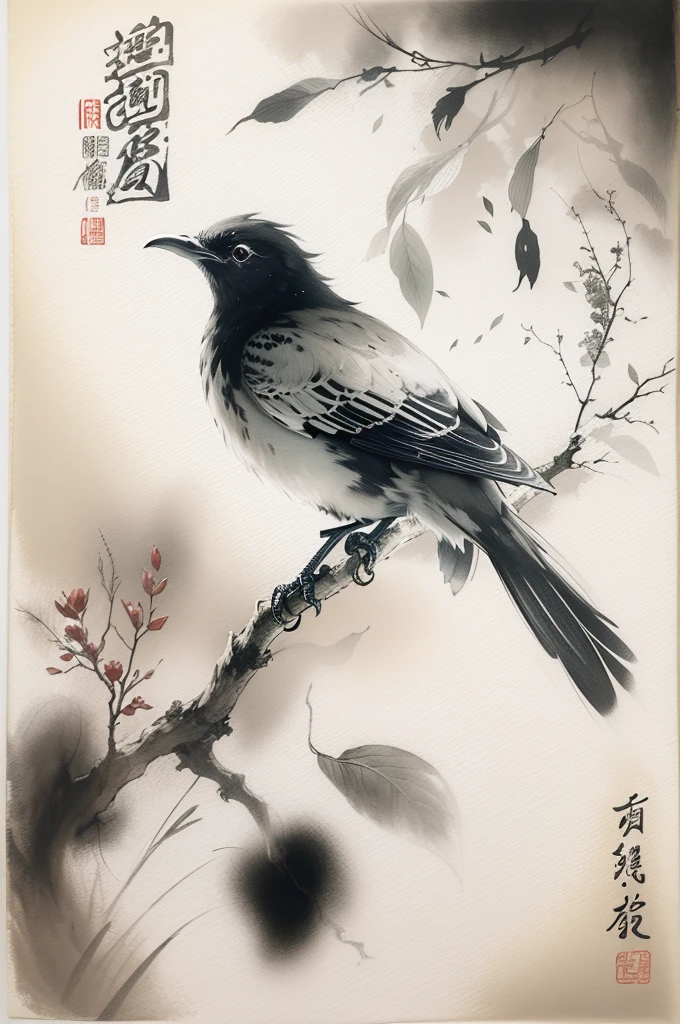 (best quality,highres,masterpiece:1.2),ultra-detailed,ink painting,Chinese style,bird on a branch,loose brushstrokes, composition,subtle textures,elegant simplicity,dynamic ink flow,expressive ink marks,black and white,eye-catching,fine details,zen-like,traditional technique,artistic interpretation,serene atmosphere,minimalist aesthetic,calming ambiance,full of symbolism,subtle gradations,harmonious balance,atmospheric perspective,peaceful tranquility,sparse background,thoughtful strokes,powerful simplicity,tranquil nature,balance of positive and negative space,graceful movement,lively brushwork,natural harmony,ethereal beauty,traditional brush and ink technique,serene representation,artistic minimalism,nature's tranquility,delicate lines,dreamlike ambiance,soothing black ink,subtle ink washes,symbolic imagery
