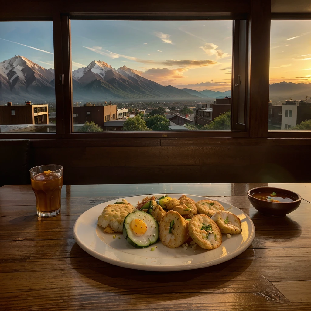 A plate of Fried rice with egg, two slices of cucumber and chili, some shrimp crackers as side dish, alongside with a glass of warm tea, placed on a wooden table. Shop background with mountain view. In the dusk time. After sunset