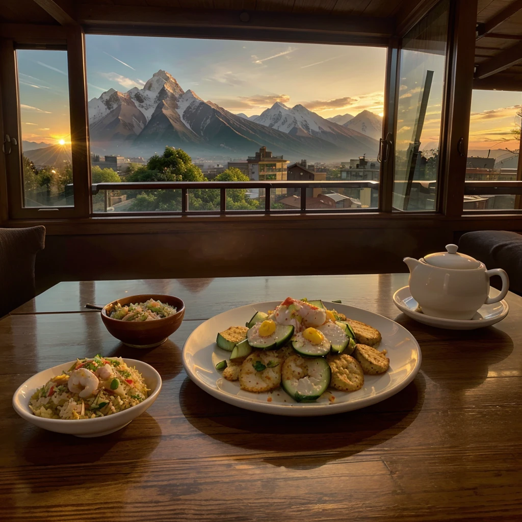A plate of Fried rice with egg, two slices of cucumber and chili, some shrimp crackers as side dish, alongside with a glass of warm tea, placed on a wooden table. Shop background with mountain view. In the dusk time. After sunset