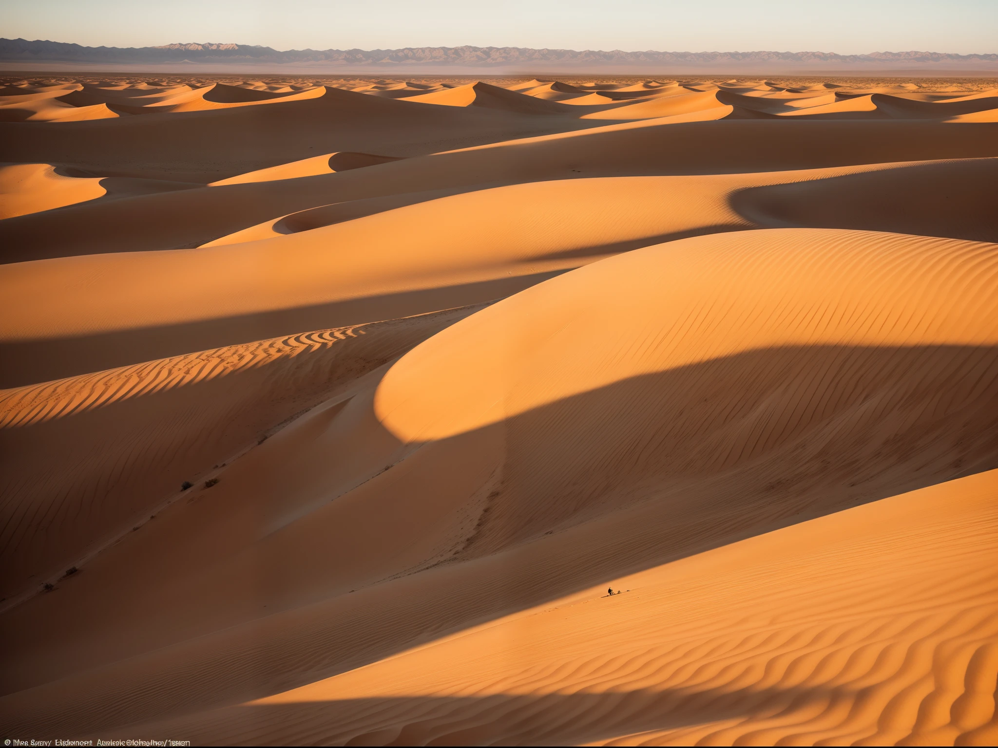 Eternal Desert Dunes: Endless undulating sand dunes beneath a mesmerizing sunset, capturing the timeless allure and solitude of desert landscapes.