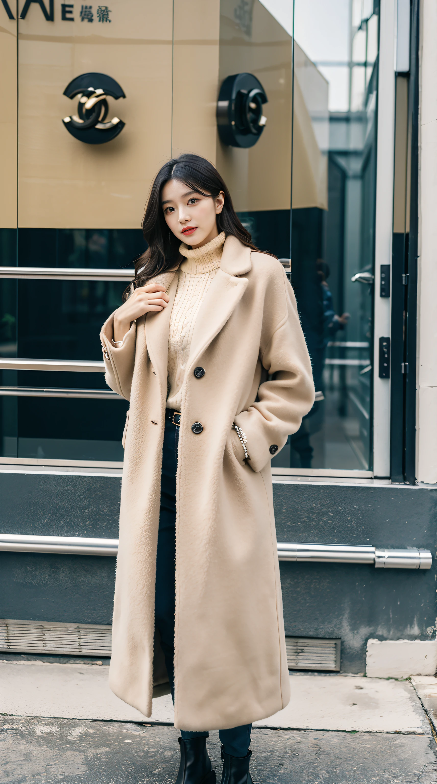 Best quality,tmasterpiece,超高分辨率,(Realistis:1.4),RAW photos,hyper HD,8K,There  one girl,Stylish clothes,Chanel style,Winter clothes,fashionable attire,long wool coat,tigh-high boots,Over-the-knee boots,high-class fashion,ellegance,best selling,Casual pose