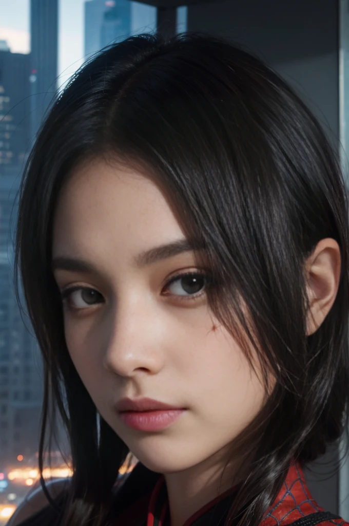 (1girl:1.3), Solo, (((Very detailed face)))), ((Very detailed eyes and face)))), Beautiful detail eyes, Body parts__, Official art, Unified 8k wallpaper, Super detailed, beautiful and beautiful, beautiful, masterpiece, best quality, original, masterpiece, super fine photo, best quality, super high resolution, realistic realism, sunlight, full body portrait, amazing beauty, dynamic pose, delicate face, vibrant eyerom the front), She wears Spider-Man suit, red and black color scheme, spider, very detailed city roof background, rooftop, overlooking the city, detailed face, detailed complex busy background, messy, gorgeous, milky white, highly detailed skin, realistic skin details, visible pores, clear focus, volumetric fog, 8k uhd, DSLR, high quality, film grain, fair skin, photo realism, lomography, futuristic dystopian megalopolis, translucent