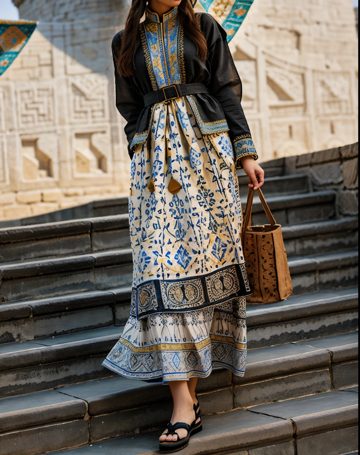 high fashion, hyperrealism, clothing in the style of the Ark fortress, the ancient citadel in Bukhara, Uzbekistan, material with a traditional pattern or drawings in the spirit of the works of artists of that time: at the same time, clothing models refer to those times,material decorated with traditional patterns or drawings inspired by the works of famous artists to create a unique image